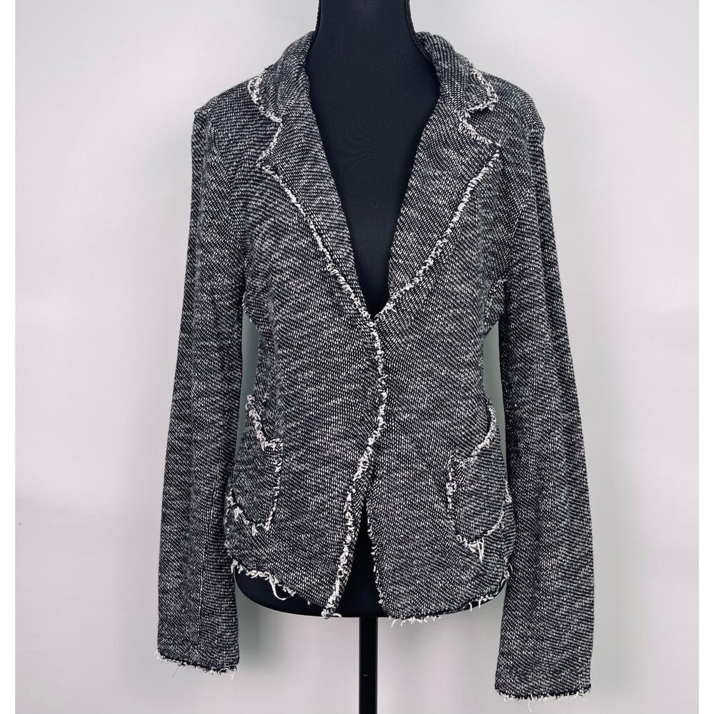 Eileen Fisher Black White Textured Fringe Tweed Blazer Cardigan Size S Petite - Picture 2 of 11